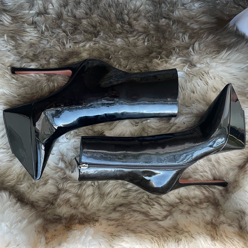 Amina Muaddi Glossy Black Heeled Boots